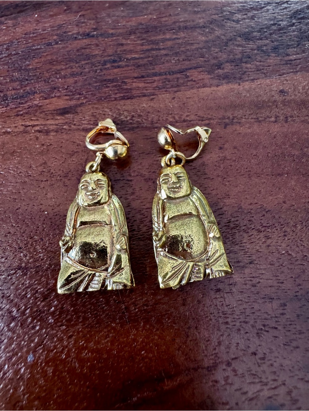 Vintage Gold Tone Asian Laughing Buddha Figurine Dangle Earrings Clip On